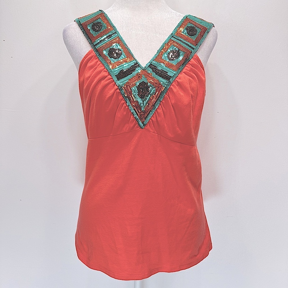 Bisou Bisou Melon Orange Tank with Sequined V Neckline Strap Built in Bralette